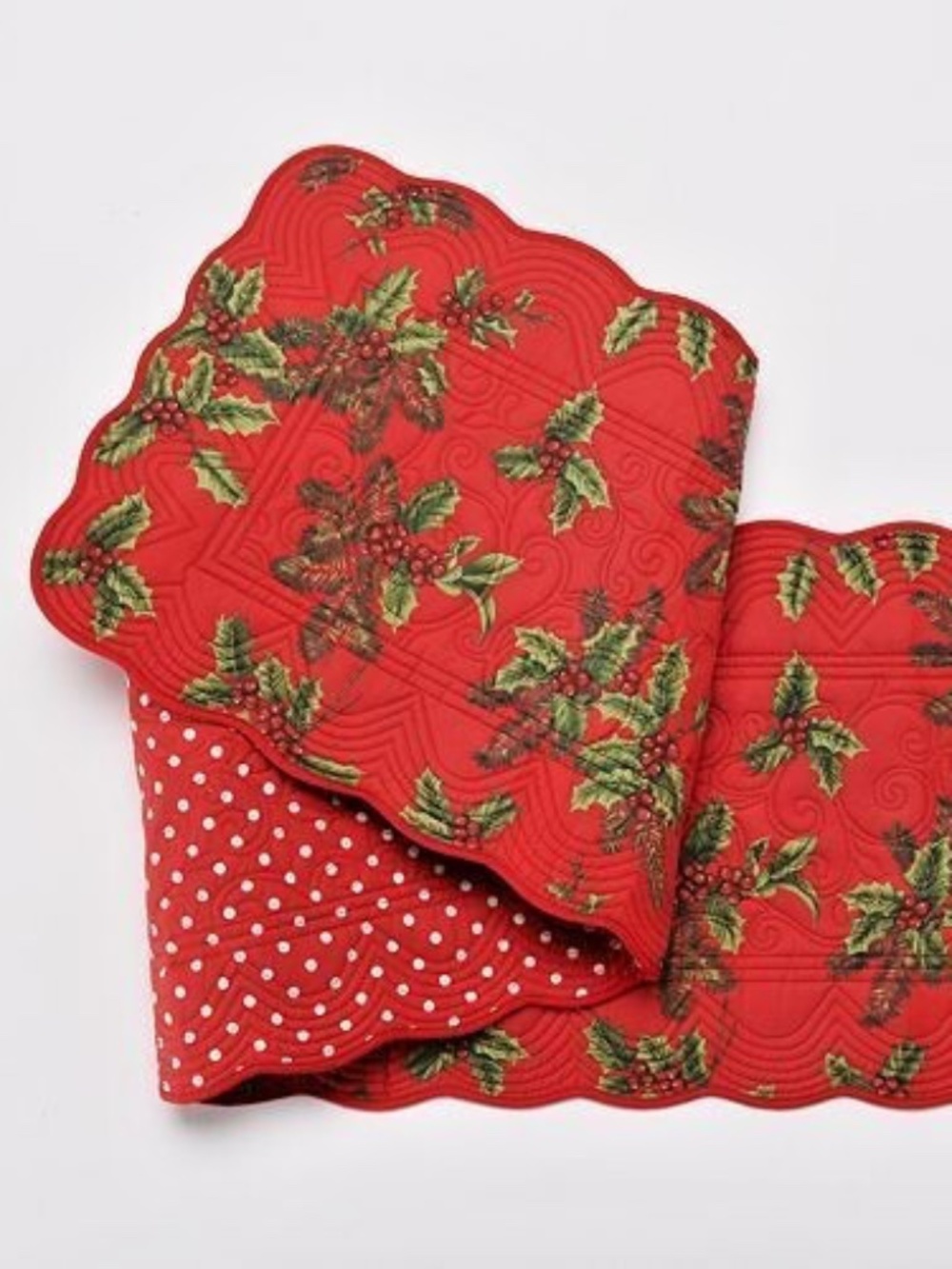 Table Runner Red Green Holly Polka Dot Christmas Quilted Reversible 13 x 54" NEW